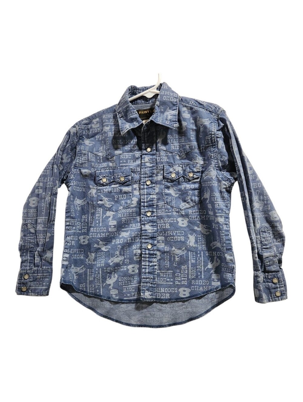Rustler by Wrangler Boys Small Western Pearl Snap Shirt Blue Rodeo Bronco Print